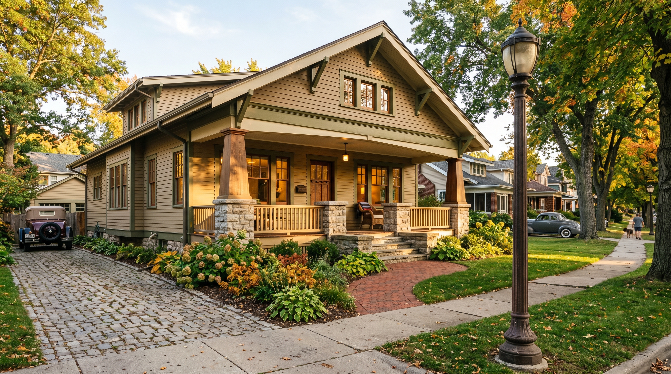 Restored 1920s Craftsman bungalow on a tree-lined Drake neighborhood residential street in Des Moines Iowa with warm earth tone wood siding and tapered porch columns