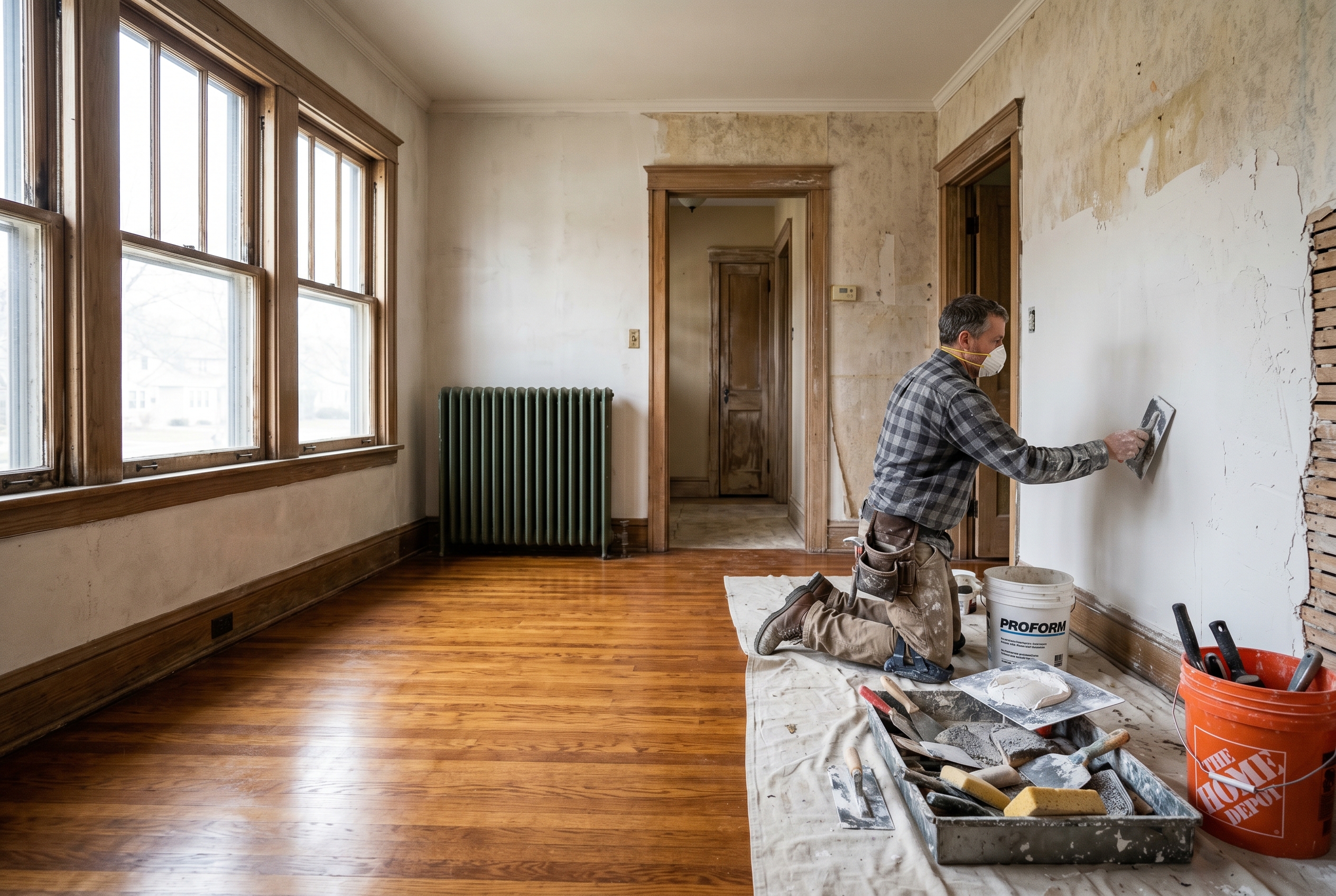 Drake neighborhood home interior during renovation showing repaired original plaster walls and refinished oak hardwood floors with natural light from original double-hung windows in Des Moines Iowa