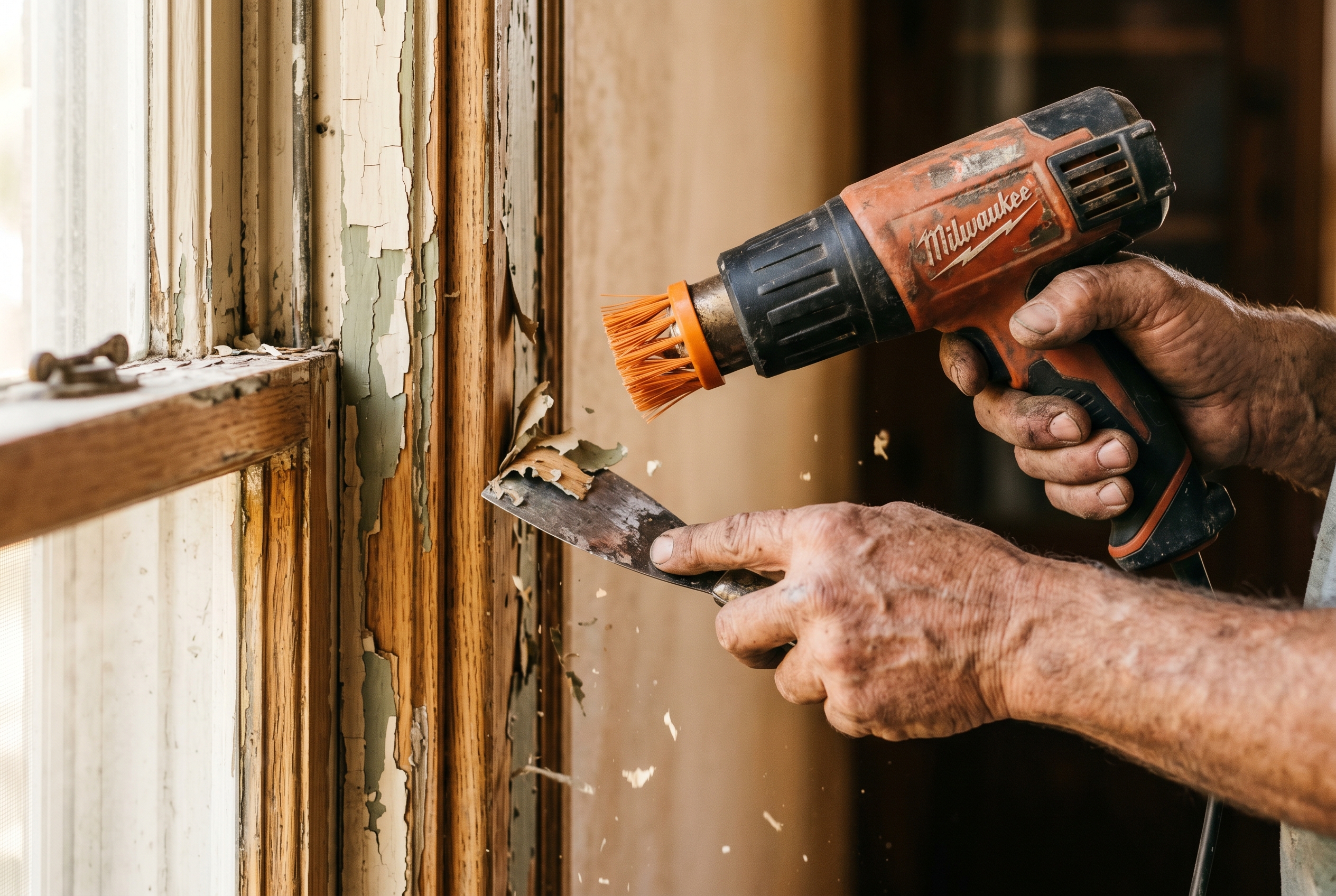 Contractor stripping multiple paint layers from original 1920s oak window trim in a Drake neighborhood Des Moines Iowa home revealing honey colored wood grain underneath using a heat gun and putty knife