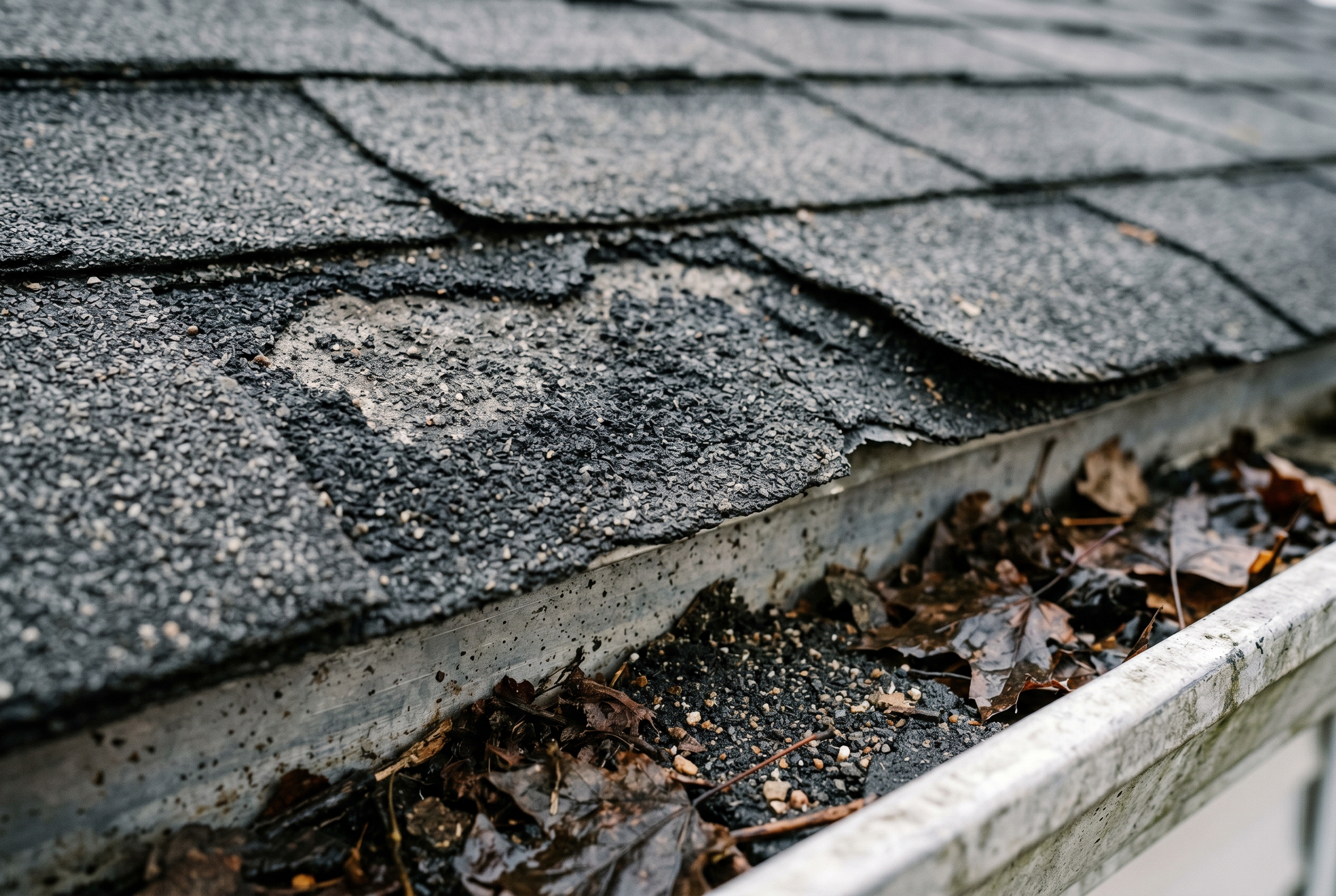 Close up of aging dark gray asphalt shingles on an Iowa home roof showing granule loss bald patches and curling edges with shingle granules collected in the K style gutter mixed with autumn maple leaves