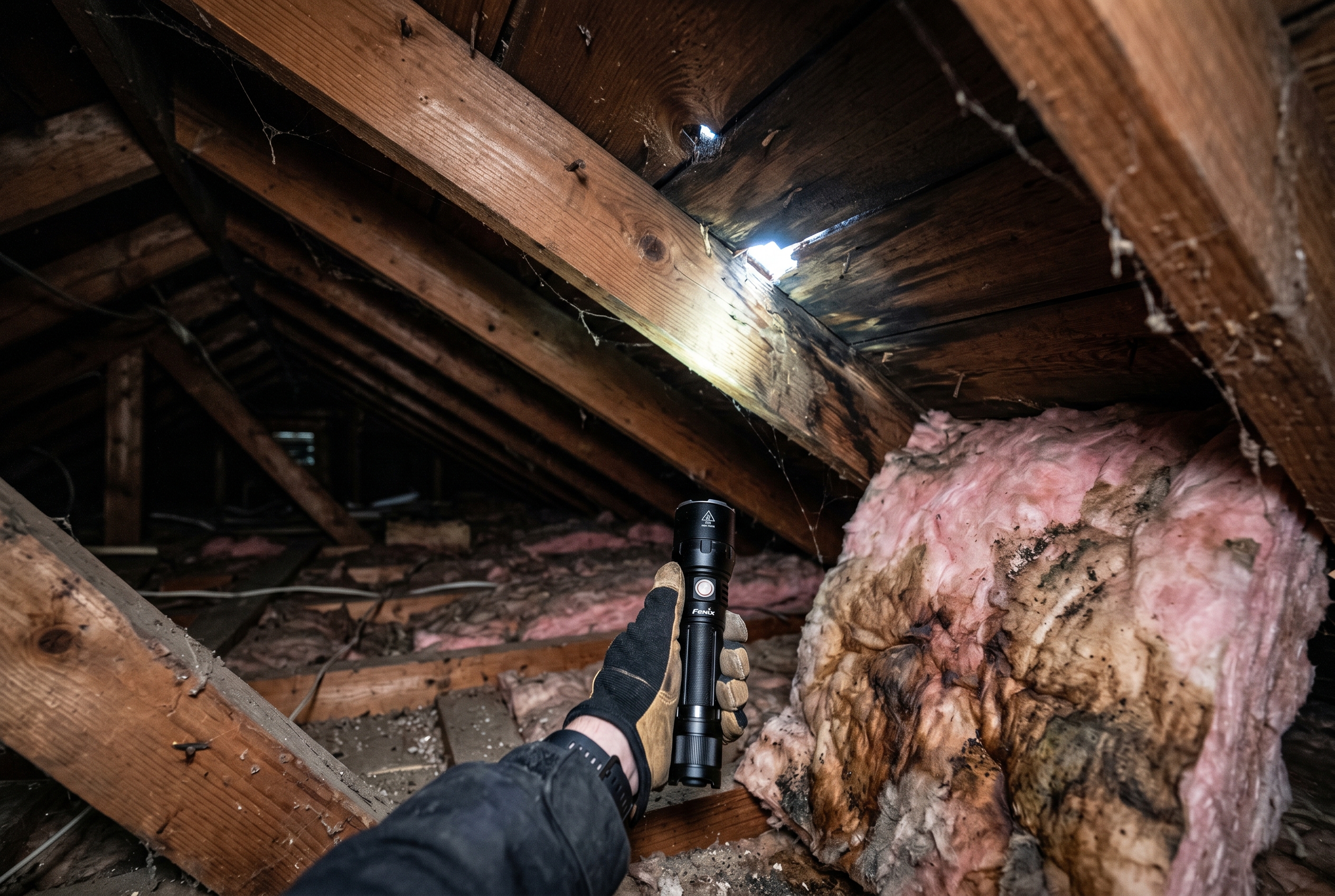Iowa home attic interior inspection showing a small pinhole of daylight visible through the wood roof deck above with pink fiberglass insulation and rough sawn rafters and a contractor flashlight beam indicating an active roof leak point