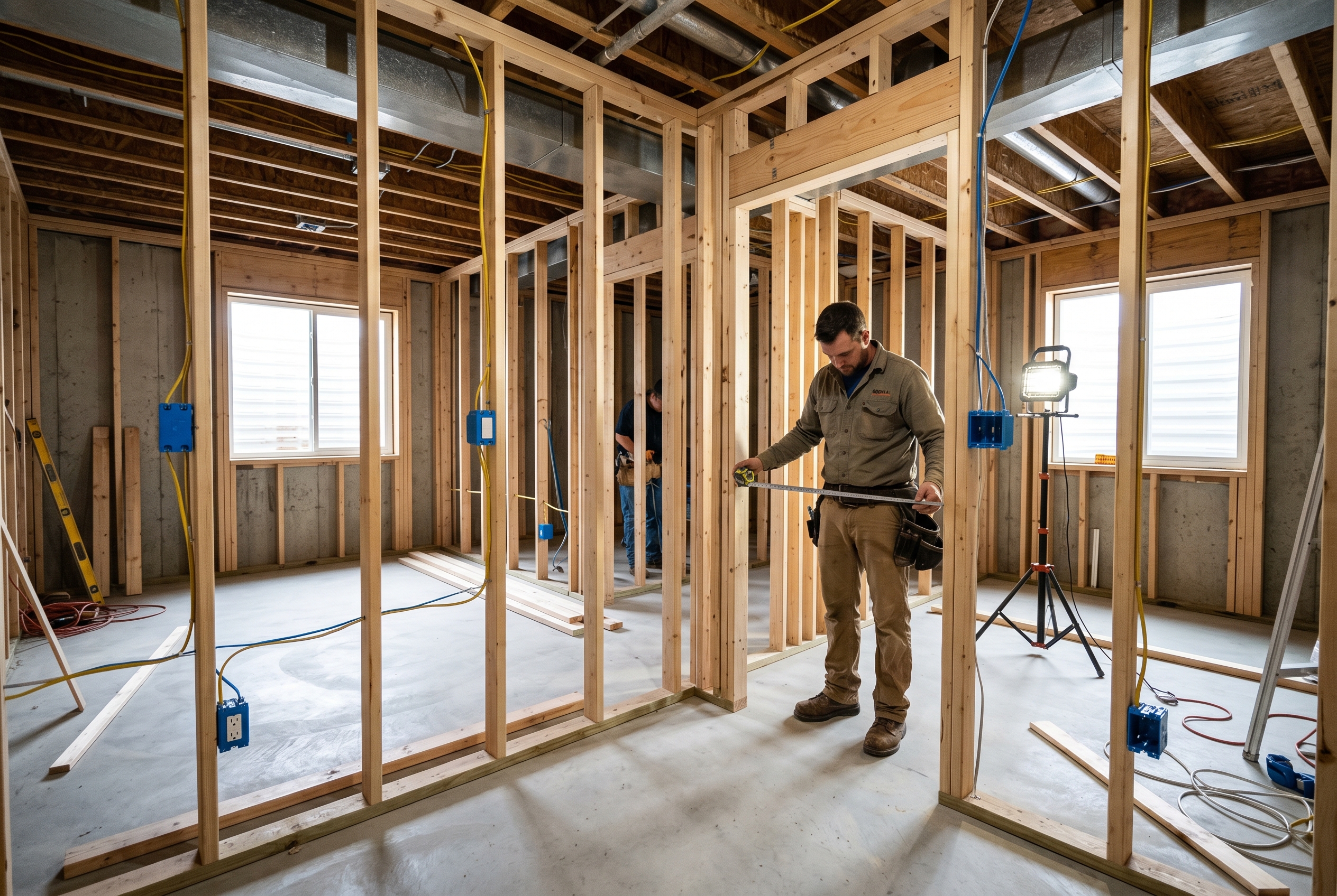 Iowa basement mid renovation showing 2x4 framing for new walls electrical rough in egress window installation and contractor measuring across a doorway representing high ROI basement finishing project
