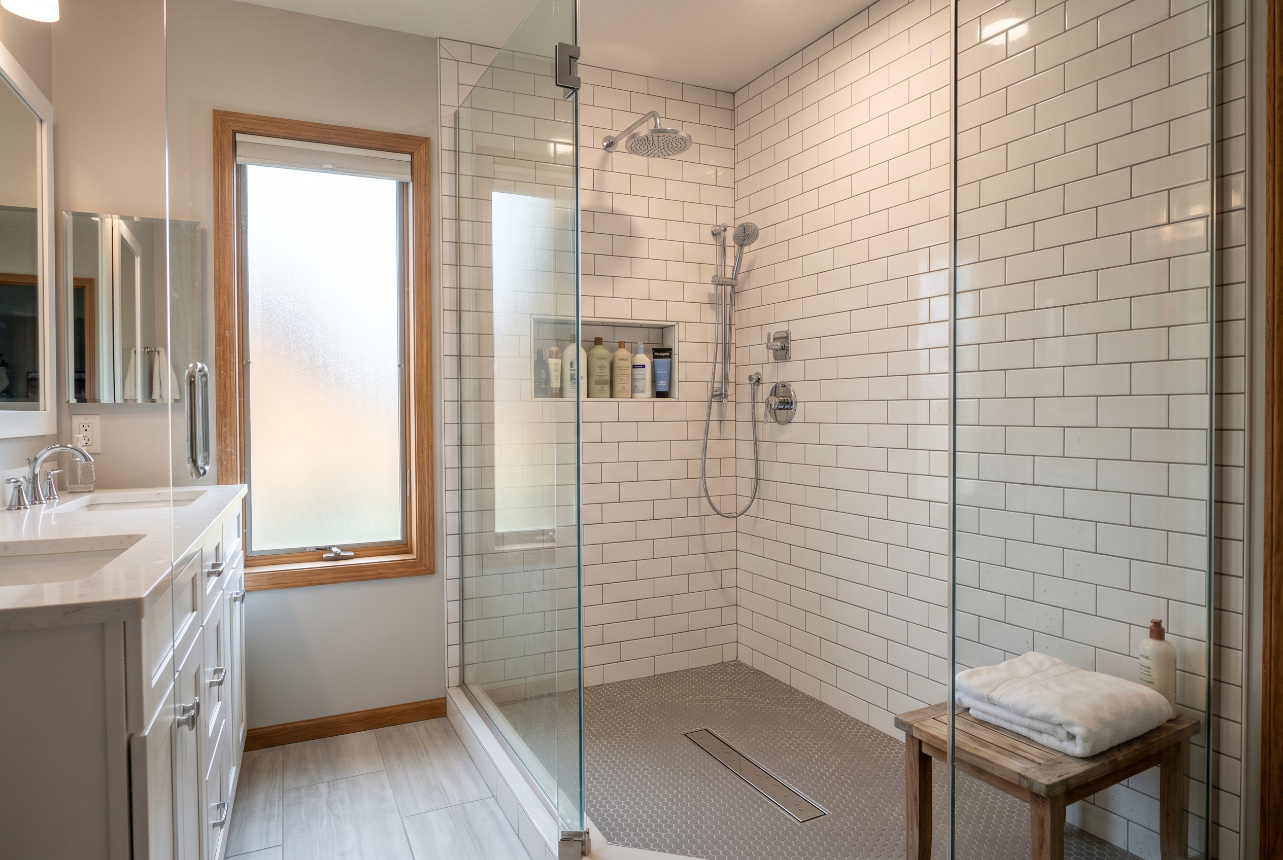 Iowa primary bathroom remodel showing newly completed walk in shower with classic white subway tile to the ceiling frameless glass enclosure built in tile niche and polished chrome rain shower head representing middle ground ROI bathroom renovation