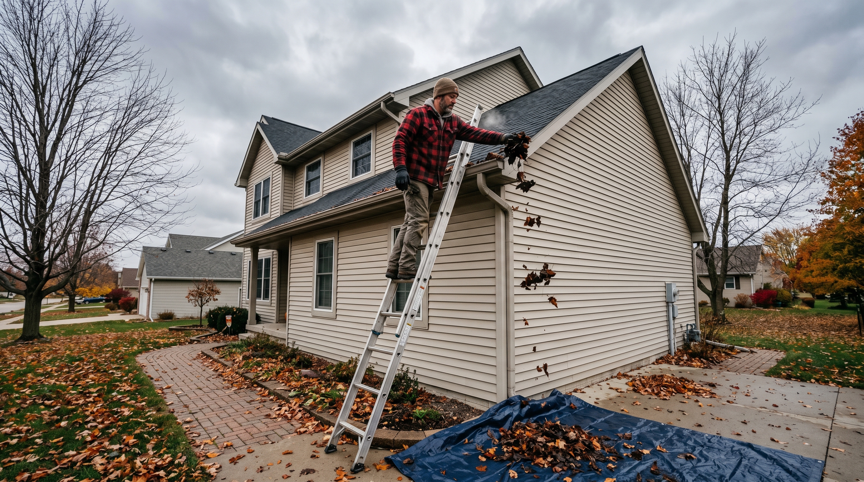 Iowa homeowner on extension ladder cleaning out clogged K style aluminum gutter filled with wet maple leaves on a two story Ankeny home during late October overcast afternoon as part of winter preparation