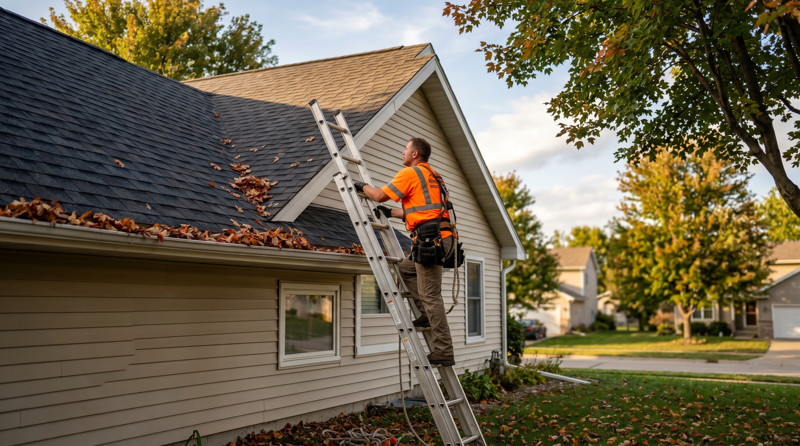 Central Iowa roofing contractor climbing ladder to inspect asphalt shingle roof on Ankeny two story home before fall storm season with autumn leaves visible on the roof