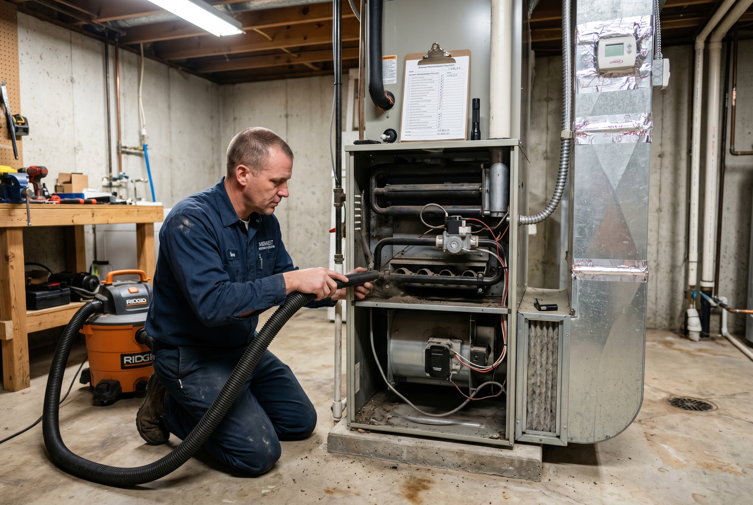 HVAC technician in navy work shirt servicing a natural gas furnace in an Iowa basement utility room before winter with the front access panel off the burner assembly visible and an annual service checklist clipboard resting on top