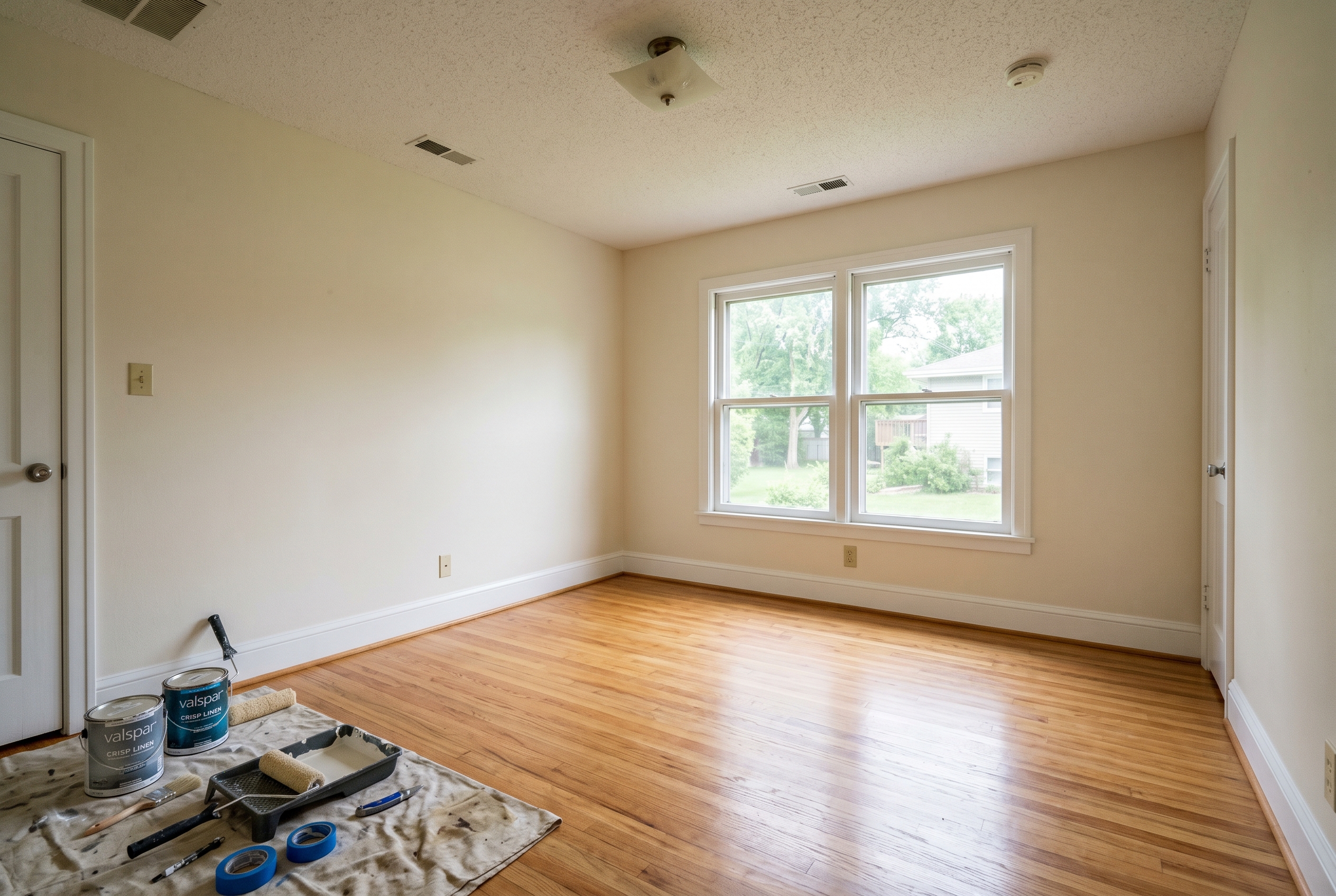 Empty Iowa home interior recently repainted with neutral cream walls and refinished oak hardwood floors during pre-listing renovation prep showing high ROI improvements for resale