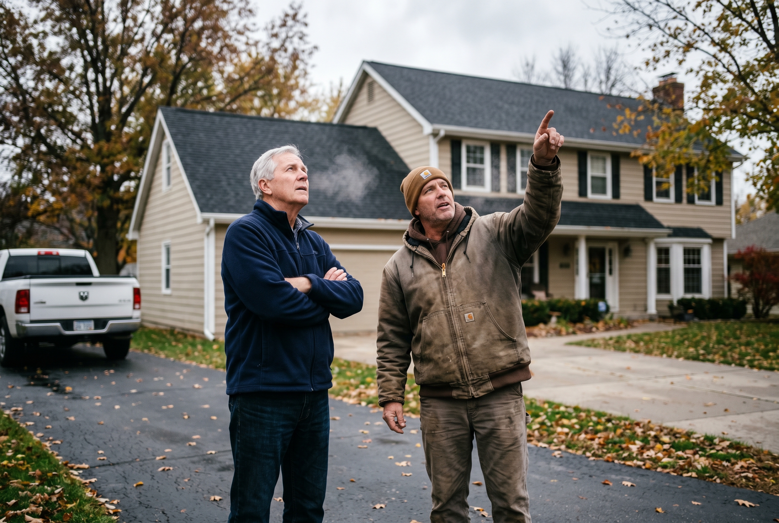 Iowa homeowner and Central Iowa contractor on a residential driveway in Des Moines discussing pre-sale renovation versus selling as-is with the home and aging asphalt roof visible behind them
