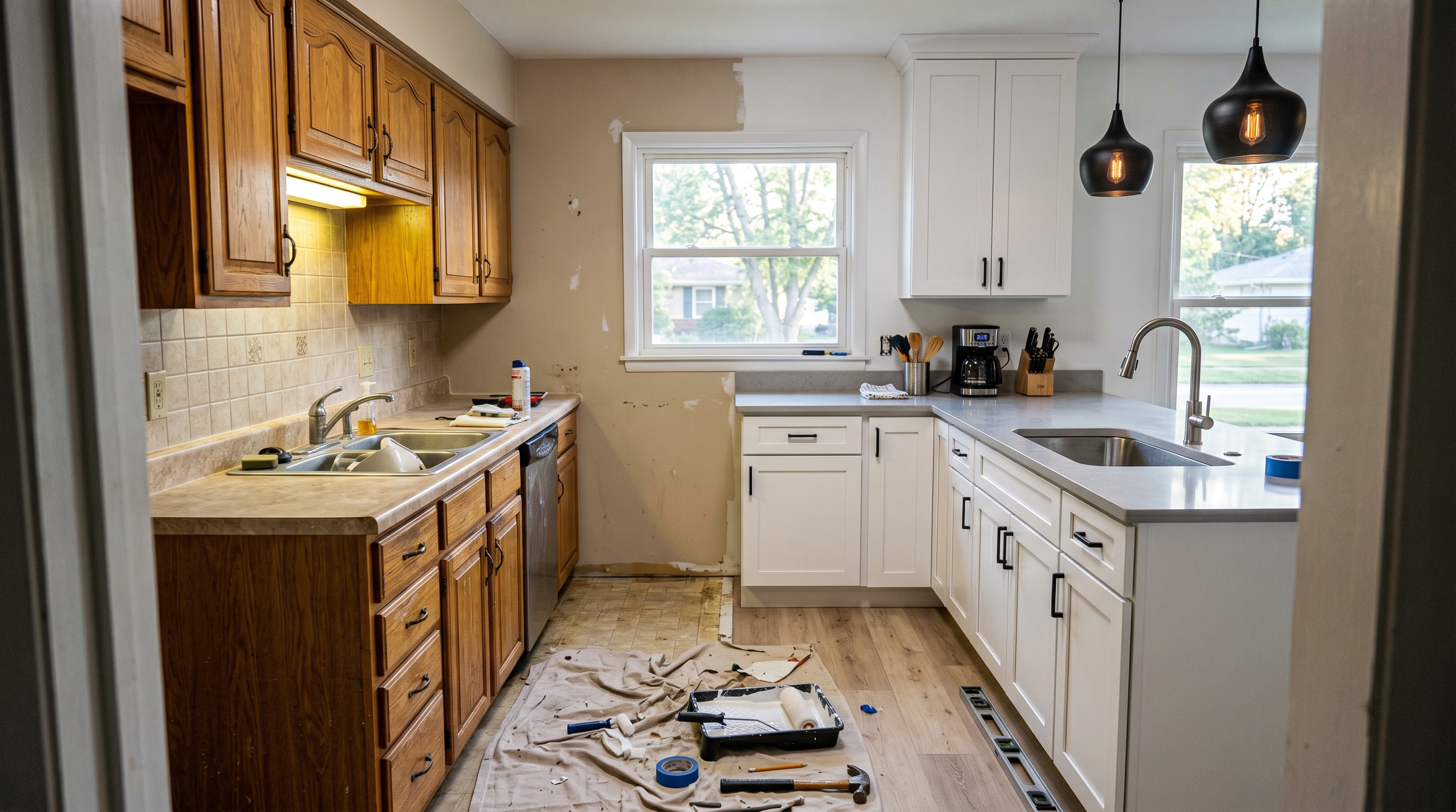 Iowa kitchen mid renovation showing the visual contrast between dated 1990s golden oak cabinets on one side and freshly installed white shaker cabinets with quartz counters on the other side demonstrating cost vs value of a kitchen remodel