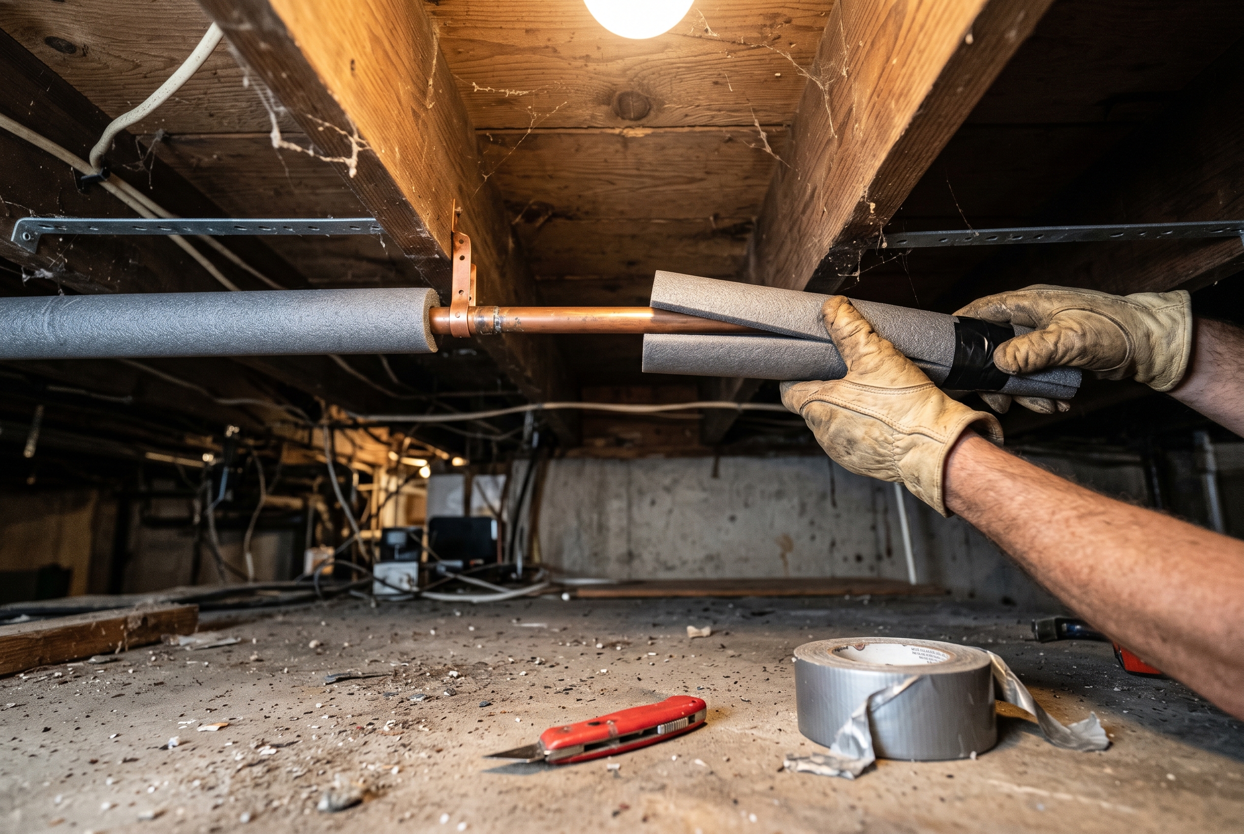 Close up of gloved hands installing gray foam pipe insulation sleeves onto an exposed copper water supply pipe running along the ceiling joists of an Iowa basement to prevent frozen pipes before winter